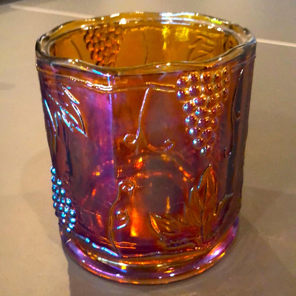 🧡💜VINTAGE Rare Color Amber/violet Carnival Glass Compote Grape Candy Dish Vase - Picture 1 of 5